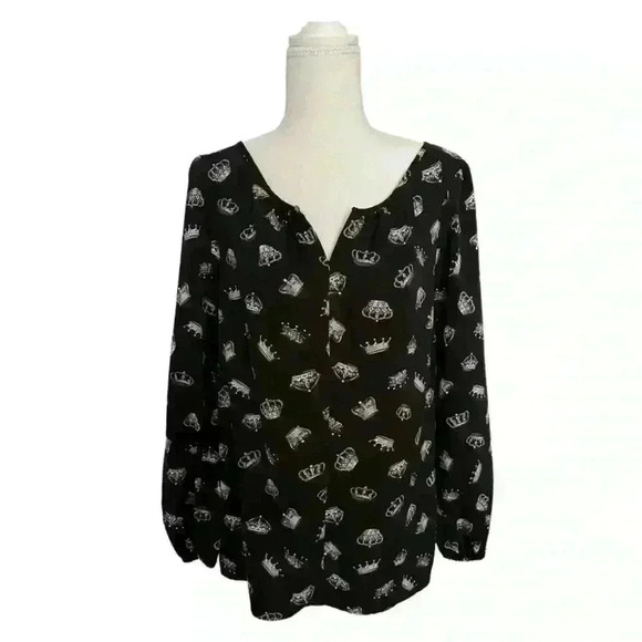 Thakoon Black Long Sleeve Tunic Blouse with Gray Crown Print Size S - Picture 1 of 7